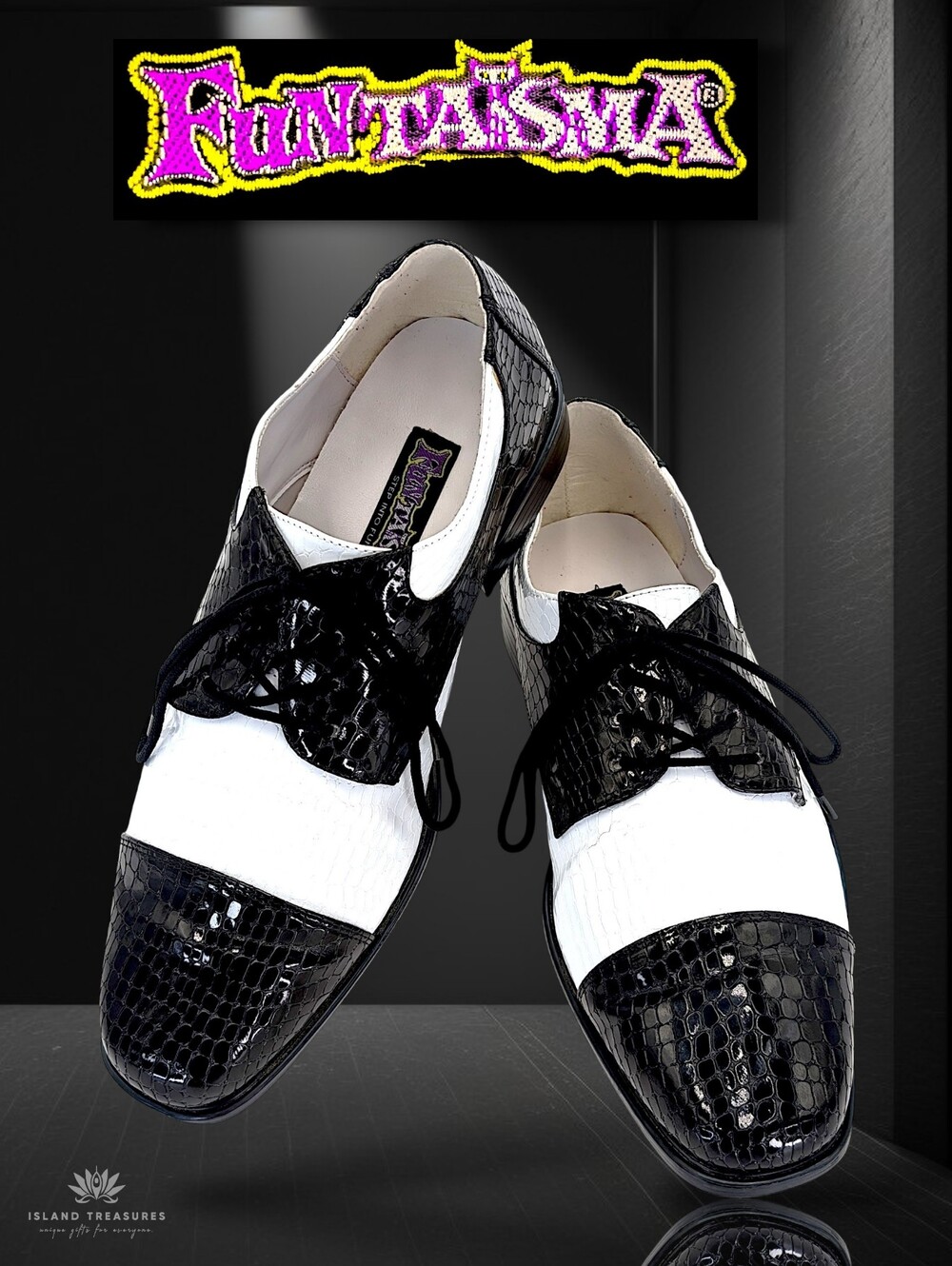 Funtasma Men Sz 9.5 Retro Vintage Black/White Oxford Croc-Embossed Cap-Toe Shoe